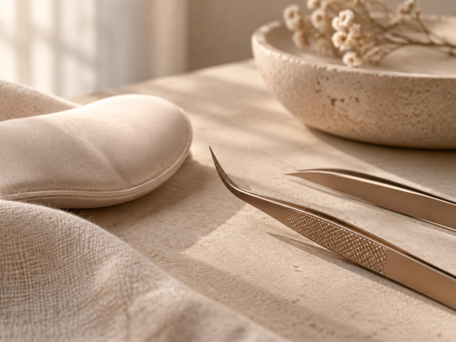 Lash tools and linen in a warm, sunlit studio